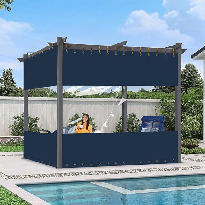 Covers & all Outdoor Clear Panel Curtain, 12 oz Vinyl Outdor Curtains for Patio, Waterproof & Weather Resistant Tarp with Brass Grommets for Pergola, Porch, Gazebos, Balcony (7’ H x 15’ W Feet, Blue)