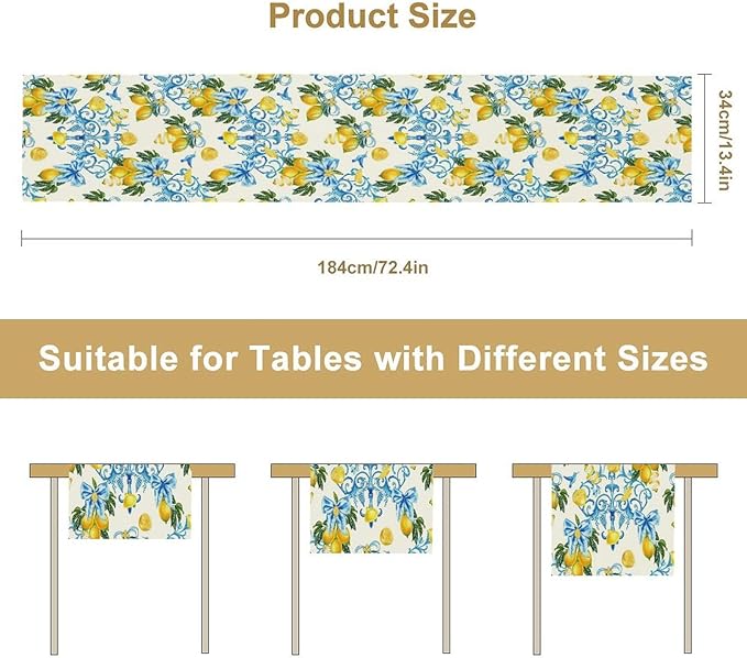 Lemon Table Runner, Summer Hummingbirds Flower Bows Print Table Runner for Farmhouse Coffee Home Kitchen Dining Outdoor Party 13x108in