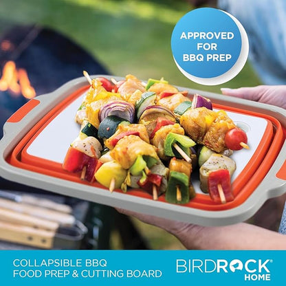 BIRDROCK HOME 2-pack Collapsible BBQ Prep Tub w/Cutting Board, Multi-Function Grill Caddy w/Colander & Lid, Portable Silicone Dish Bowl for Picnic, Tailgate, Camping (Orange, Large)