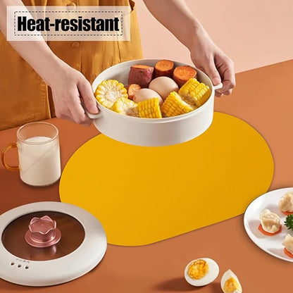 Oval PU Placemats Set of 6,Reversible Faux Leather Placemat for Dining Table,Waterproof Heat Resistant Wipeable Anti Slip Table Mats,Modern Table Protectors(Yellow and Silver)