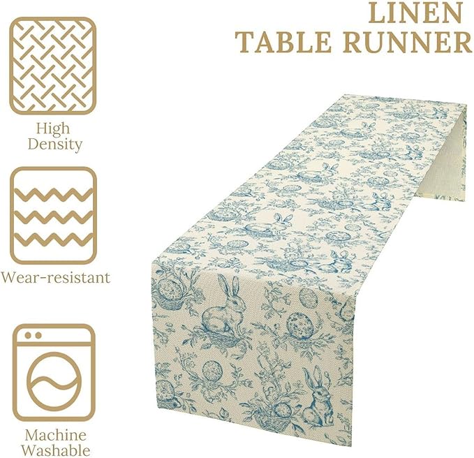 Easter Table Runner,Vintage Blue Beige Bunny Rabbit Easter Eggs Floral Spring Seasonal Table Center Decor for Family Kitchen Living Room Outdoor Farmhouse Party Table Decorations, 13"x72"