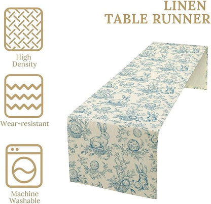 Easter Table Runner,Vintage Blue Beige Bunny Rabbit Easter Eggs Floral Spring Seasonal Table Center Decor for Family Kitchen Living Room Outdoor Farmhouse Party Table Decorations, 13"x72"