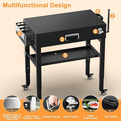 28" and 34" Upgrade Height & Quick-Fold Portable Grill Cart for Ninja Woodfire (OG700 Series), MO201 OO101 Pizza Oven, Blackstone 17"/22" Griddle – Outdoor Ninja Grill Stand with 4 Swivel Wheels