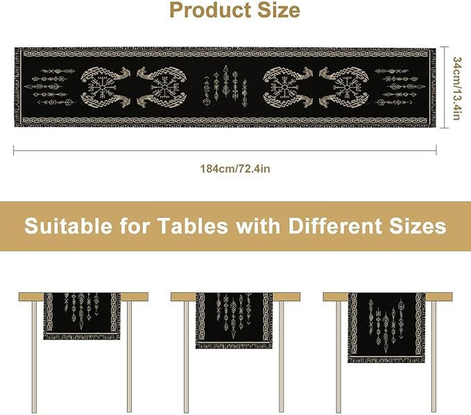 Viking Table Runner, Raven Ancient Rune Dragon Totem Norse Mystical Geometric Table Runner for Kitchen Dining Party Holiday Banquet 13x90in