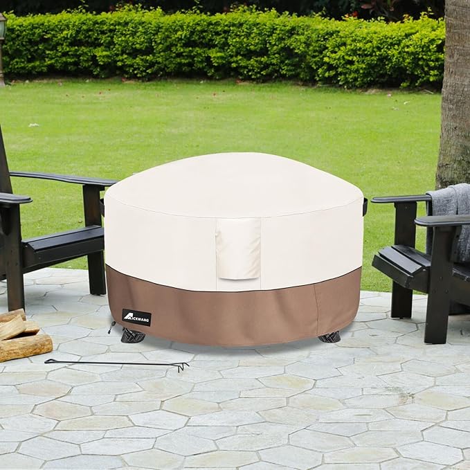 Fire Pit Cover Round 50 Inch Waterproof,Outdoor Heavy Duty Durable 600D Tear-Resistant Fire Pit Table Cover,Patio Round Firepit Cover 50" D x 24" H, Beige
