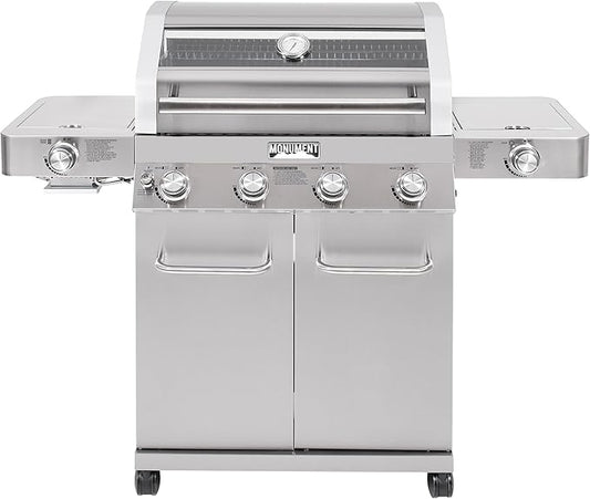 Monument Grills 4+2 Burner 700 sq.in. Large Cabinet Style Stainless Steel Propane Gas Grill with a Clearview® Lid, an Infrared Side Sear Burner & a Side Burner, and a Built-In Thermometer