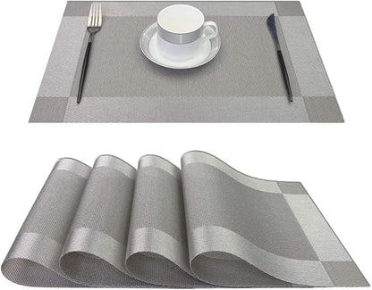 PIGCHCY Placemats Heat-Resistant Non-Slip Washable Easy to Clean Woven Vinyl Placemats for Dining Table(Set of 4, Grey)