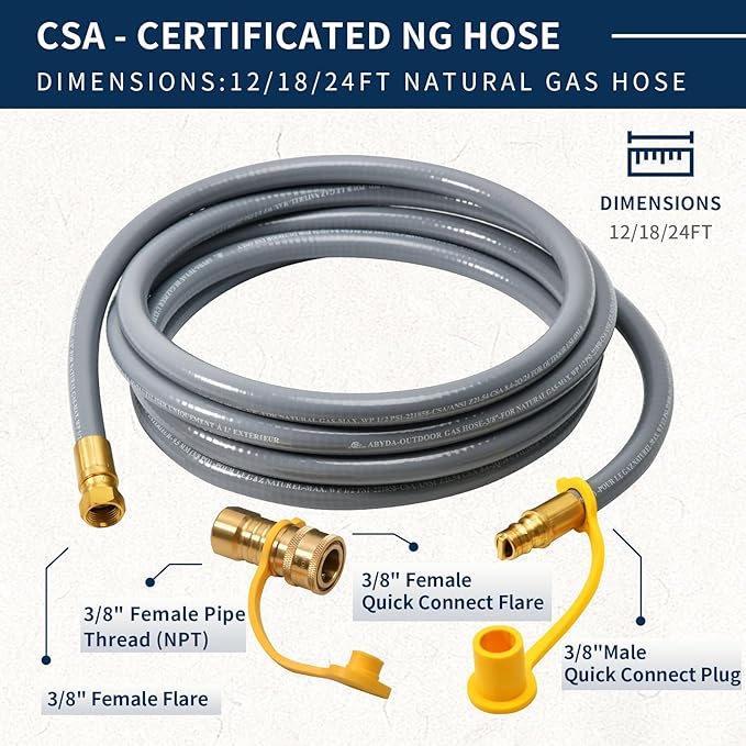 ABYDA 24 Feet 3/8" ID Natural Gas Grill Hose with Quick Connect Fittings, Ideal Natural Gas Line for Grills, Pizza Ovens, Heaters, and More Low Pressure Appliances
