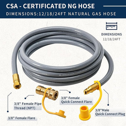 ABYDA 24 Feet 3/8" ID Natural Gas Grill Hose with Quick Connect Fittings, Ideal Natural Gas Line for Grills, Pizza Ovens, Heaters, and More Low Pressure Appliances