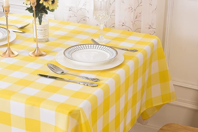 Cupuamon 2 Pack Waterproof Polyester Fabic Square Checkered Tablecloth，54x54 Outdoor Table Cloth，Oil Stain Prevention Table Cloth for Pinics and Parties（Yellow and White）