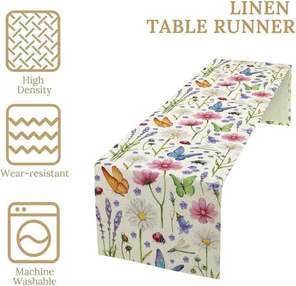 Flower Floral Table Runner, Butterfly Wildflowers Daisy Spring Summer Rustic Table Runner for Farmhouse Holiday Kitchen Dining Outdoor Home Party 13x120in