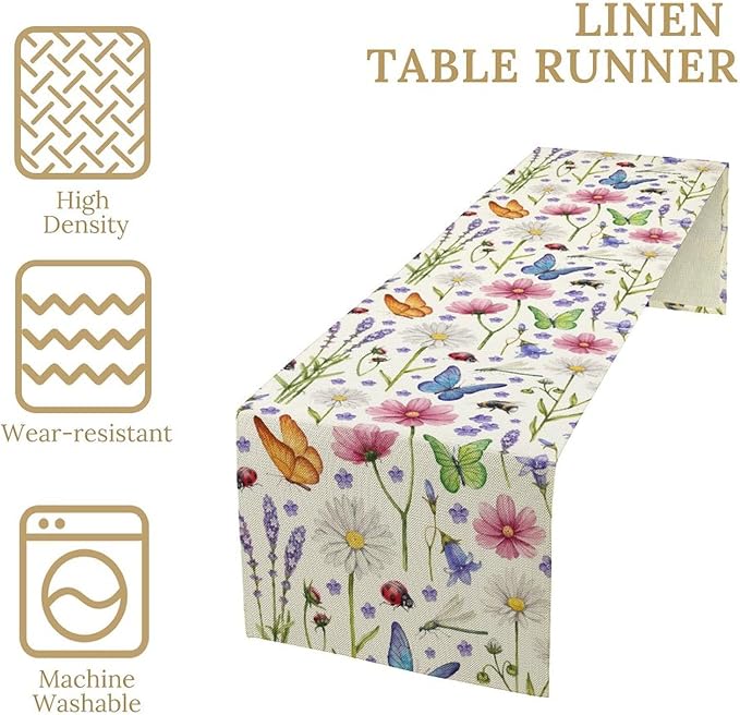 Flower Floral Table Runner, Butterfly Wildflowers Daisy Spring Summer Rustic Table Runner for Farmhouse Holiday Kitchen Dining Outdoor Home Party 13x90in