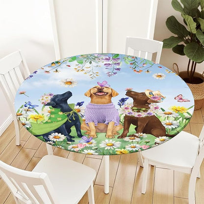 Spring Dogs Round Fitted Tablecloth with Elastic Colorful Floral Farmhouse Easter Circle Table Cloth for 36-40" Tables Wipeable Waterproof Outdoor Wildflowers Puppy Table Cover for Party Picnic Dining
