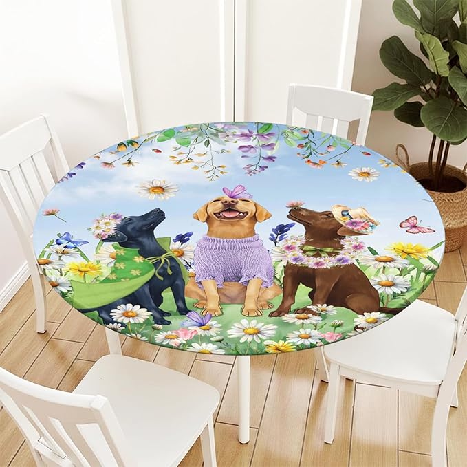 Spring Dogs Round Fitted Tablecloth with Elastic Colorful Floral Farmhouse Easter Circle Table Cloth for 44-48" Tables Wipeable Waterproof Outdoor Wildflowers Puppy Table Cover for Party Picnic Dining