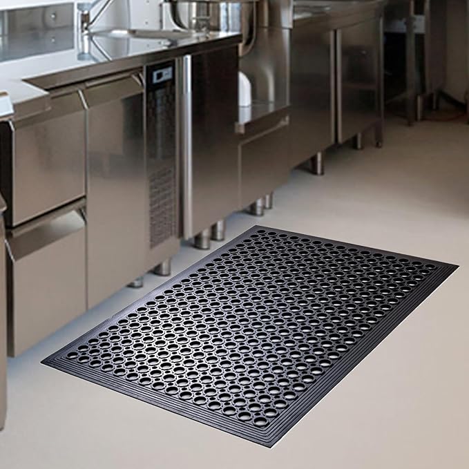 Anti Fatigue Rubber Mats Outdoor Restaurant Kitchen Rubber Drainage Floor Mat Durable No Slip Commercial Bar Floor Mats Used for Garage Black 36" x 60"