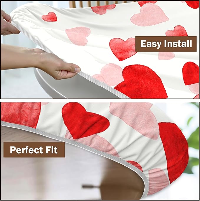 Valentines Day Round Fitted Tablecloth with Elastic Pink Red Love Heart Circle Table Cloth for 48-52" Round Tables Wipeable Waterproof Washable Valentine Table Cover for Picnic Dining Party Decor