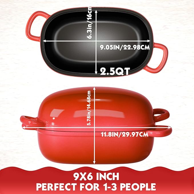Dutch Oven for Bread Baking 9x6 Inch - 2.5QT Bread Pans for Homemade Bread Cast Iron Bread Pan Dutch Oven Loaf Pan with Lid and Loop Handles for Homemade Breadmaking, Red