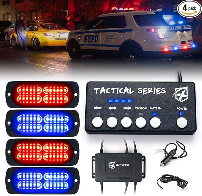 Xprite 24 LED Surface Mount Strobe Lights Kit with Control Panel, Grill Grille Side Marker Flashing Emergency Warning Police Light Assembly for Trucks Vehicles ATV RV Cars Van Red Blue, 4PCS