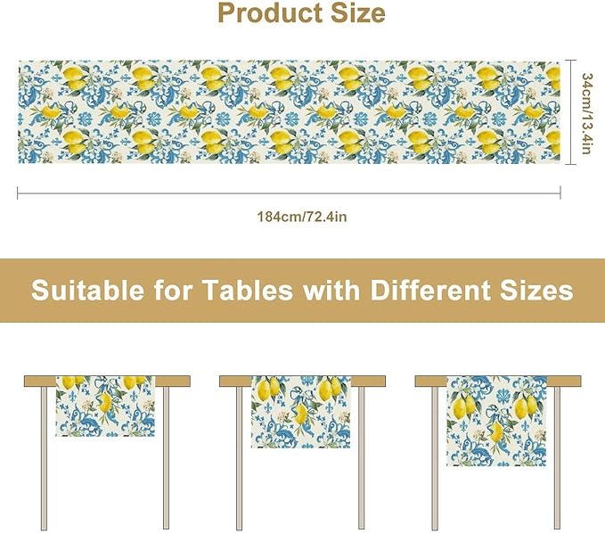 Lemon Flower Table Runner, Summer Fruit Sicilian Style Table Runner for Indoor Outdoor Kitchen Home Party Holiday Dining Table 13x90in