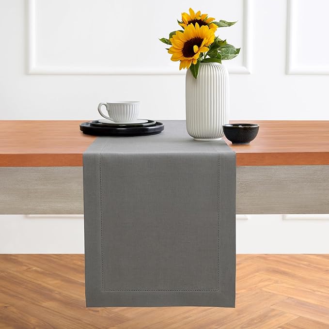 Solino Home Linen Steel Gray Table Runner 120 Inches Long - 100% Pure Linen Hemstitch 14 x 120 Inch Table Runner for Dining, Spring - Classic Hemstitch