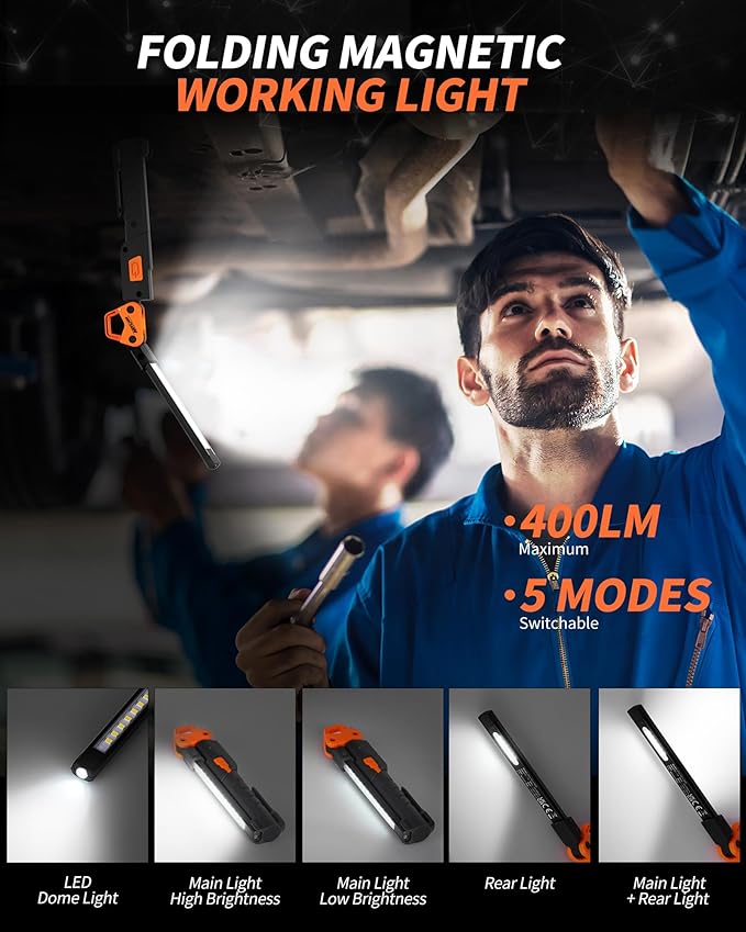 Led Work Light,400LM Foldable Mechanic Light, Rechargeable Flashlight with 5 Modes, 230° Rotate and Hook Magnetic Light for Car Repair, Camping, Grill（2 Pack Upgrade）