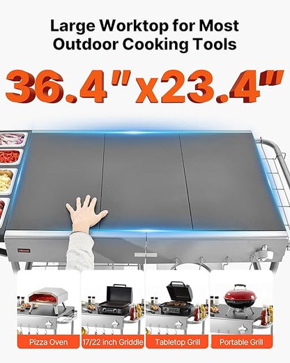 VEVOR Outdoor Grill Cart, 36.4 x 23.4 x 1 inch Tabletop Size Grilling Table, Movable Outdoor Cooking Table with 4 Spice Containers, Wheels, Lids, Hooks, BBQ Prep Tables for Picnic, Kitchen, Courtyard