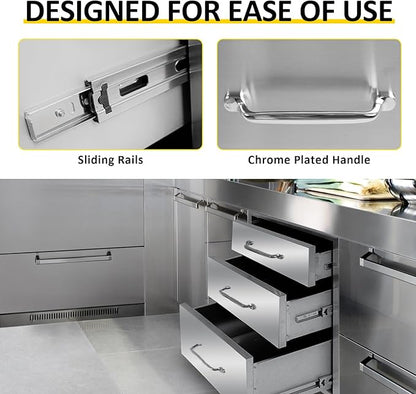 Outdoor Kitchen Drawers 20" W x 27" H x 23" D Flush Mount Triple BBQ Drawers with Chrome Handle Stainless Steel Drawer for Outdoor Kitchen Island, Patio Grill Station