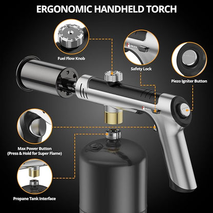 Powerful Propane Torch Gun, Sous Vide, Adjustable Kitchen Cooking Torch with One-Touch Max Fire, Culinary Torch for Searing Steak, BBQ and Campfire Starter(Tank Not Included)