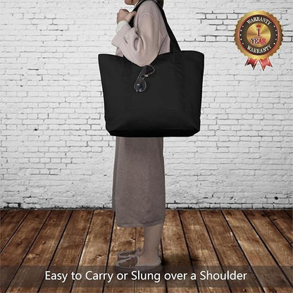 TOPDesign 3-Pack Canvas Tote Bags with an External Pocket, Reusable Grocery Shopping Bags, Top Zipper Closure, Daily Essentials (Black)
