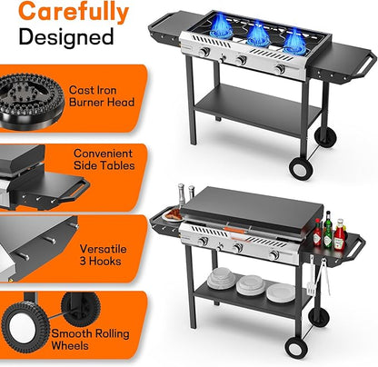 Veralune 3 Burner Propane Stove with Griddle, 225,000 BTU High Pressure Propane Stove with Auto Ignition Button, Outdoor Cooking Stove for Camping, Backyard, Patio, Cooking, BBQ