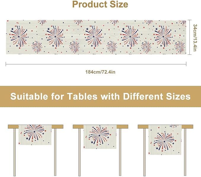 Fireworks Table Runner, 4th of July Patriotic Memorial Day American Independence Day Table Runner for Holiday Kitchen Dining Holiday 13x70in