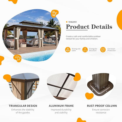 12'x20' Hardtop Gazebo, Outdoor Polycarbonate Double Roof Canopy, Aluminum - Image 7