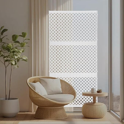Outdoor Metal Privacy Screen with Stand, 35.4" W x 75" H Freestanding Metal Slatted Decorative Privacy Screen and Panels for Patio Garden Balcony Porch (White Grill)