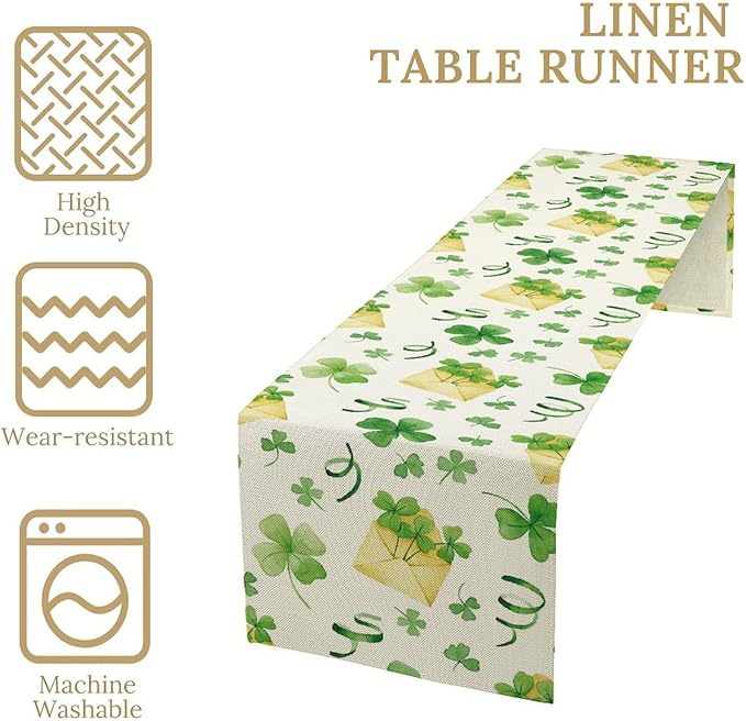Clover Table Runner,Retro Rustic Green Shamrock Yellow Envelope Spring Seasonal Holiday St.Patrick's Day Table Center Decor for Home Kitchen Dining Holiday Party Indoor Decorations, 13"x72"