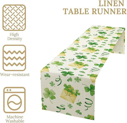 Clover Table Runner,Retro Rustic Green Shamrock Yellow Envelope Spring Seasonal Holiday St.Patrick's Day Table Center Decor for Home Kitchen Dining Holiday Party Indoor Decorations, 13"x72"