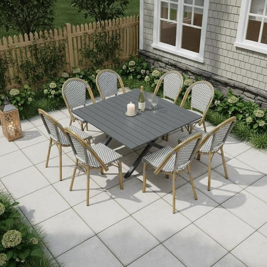 PURPLE LEAF 9 Pieces Outdoor Dining Set Patio Furniture Set with Large Aluminum Table and French Bistro Chairs for Garden Backyard Gray Patio Dining Set