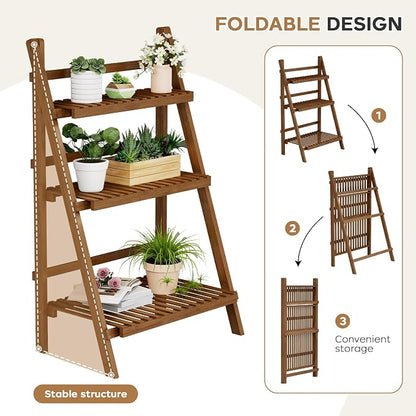 39.4" Bamboo Ladder Shelf Plant Shelf, 3 Tier Foldable Ladder Flower Pot - Image 6