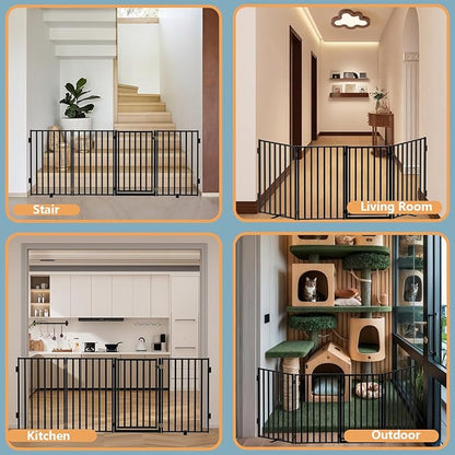 Full Metal Freestanding Dog Gates with Door, 32" Height Dog Fences for Indoor & Outdoor, Extra Wide Foldable Pet Gates for Stairs, Hallways, Doorways, Yard (4 Panels, 80" W × 32" H)