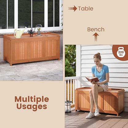 HAPPYGRILL Outdoor Wood Deck Box with Flip Top, Patio Storage Bench for Garden, Poolside, Backyard, 58 Gallon