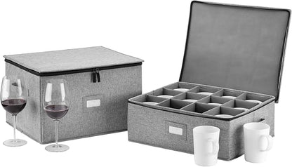 Wine Glass Storage and Cup Storage Case - Set of 2 Stackable Containers with Fully Padded Interior and Outside Hard Shell - 12pcs per Box with Insert Cards for Labelling and Side Handles