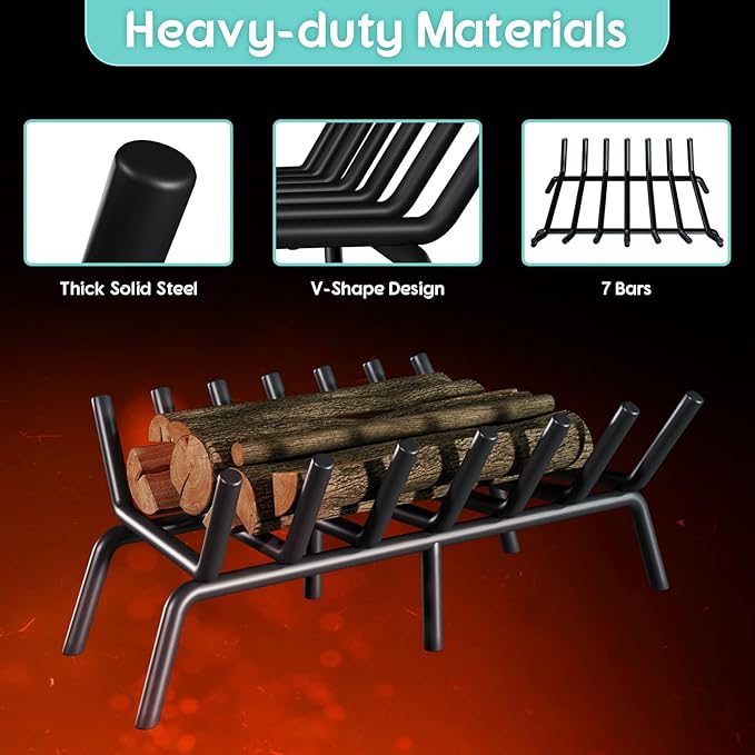 21-Inch Fireplace Grate, Heavy Duty 7-Bar Log Rack Holder Made of Solid Round Steel for Indoor/Outdoor Fire Pits, Wood Stoves & Kindling Tools
