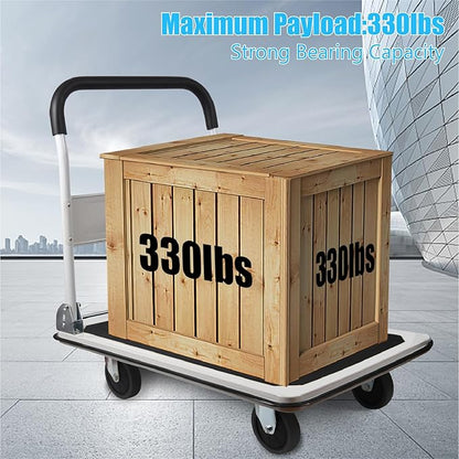 LEADALLWAY Foldable Push Cart Platform Cart 330lbs Capacity 4 Wheels 28.7x18.5x32.3inches White with 2 Ropes Small Flatbed Cart