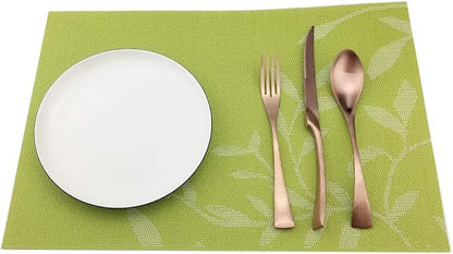 Gugrida Place Mats PVC Set of 6, Table Placemats Set of 6 PVC Woven Vinyl Place Mats Table Mats Natural Color (6 pcs, Green Leaves)