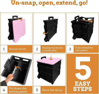 Inspired Living Collapsible Ultra-Slim Pack-N-Roll,2 Wheel Utility Cart w/Lid Used as Seat up to 250 Lbs, Telescopic Handle, Super Strong, for Home,Garden,Shopping,Office,School, Large, Pink & Black