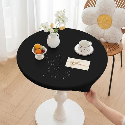 Round Fitted PU Tablecloth with High Elastic Edge 43 Inch Dia Waterproof Oil Proof Table Cloth Anti-Scald Stain-Resistant Wipeable Table Cover for Indoor Outdoor Picnic (Black,43" Dia)
