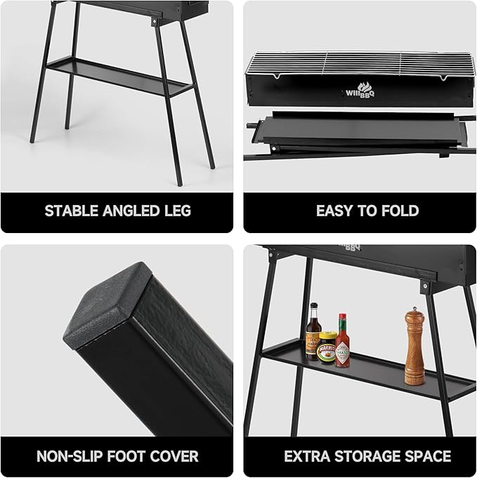 WILLBBQ Charcoal Grills Commercial Quality Portable Hibachi BBQ Barbecue Grill for Backyard Outdoor Cooking Use，Perfect Christmas Gifts for Dad (31.6x7.1x5.1 inch With Accessories), BLACK