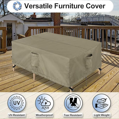 OutdoorLines Outdoor Waterproof Patio Table Furniture Set Covers - Rectangle Couch Sectional Cover Outside Weatherproof Patio Furniture Covering for Deck, Lawn and Backyard 90"L x 64"W x 28"H, Camel