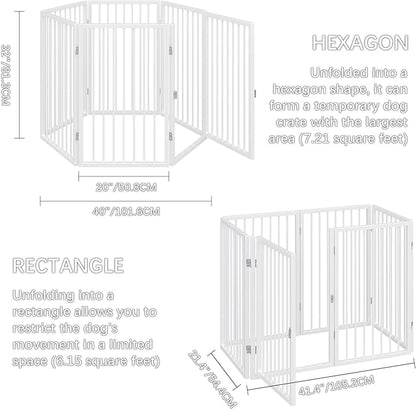 Vantas Folding No-Assembly Metal Pet Gate 120" Wide, 32" Extra Tall Dog Gate with Door Walk Through, Freestanding Accordion Puppy Gate Dog Door for Indoor & Outdoor, with 2PCS Support - White