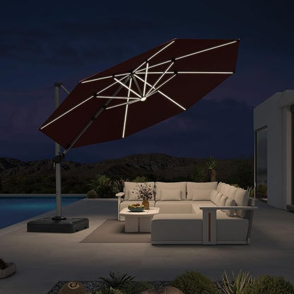 PURPLE LEAF Cantilever Umbrella 13ft Solar LED Light Double Top, Brick Red | by PURPLELEAF