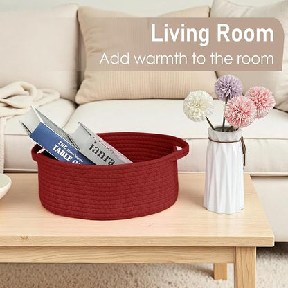 Woven Basket,Small Rope Storage Bin with Handles & Ribbon Bag, Organizer for Shelves Closets,Gift Basket Empty for Birthday,Books,Dog Toys, Red